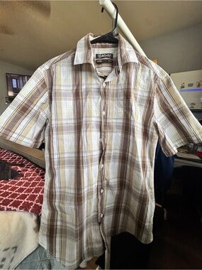 Ecko Unlimited Brown and Beige Plaid Short-Sleeve Button-Down Shirt